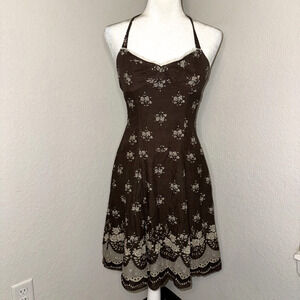XOXO VTG Y2K Dress Women's 3 Brown Floral Sleeveless Halter Neck Lace Trim